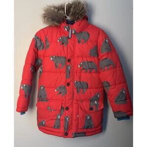 Boden Boys 9-10Y Winter Jacket Puffer Red  Zip Button Hood Pockets Removable Fur